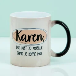 Gepersonaliseerde warmtegevoelige mok met eigen tekst