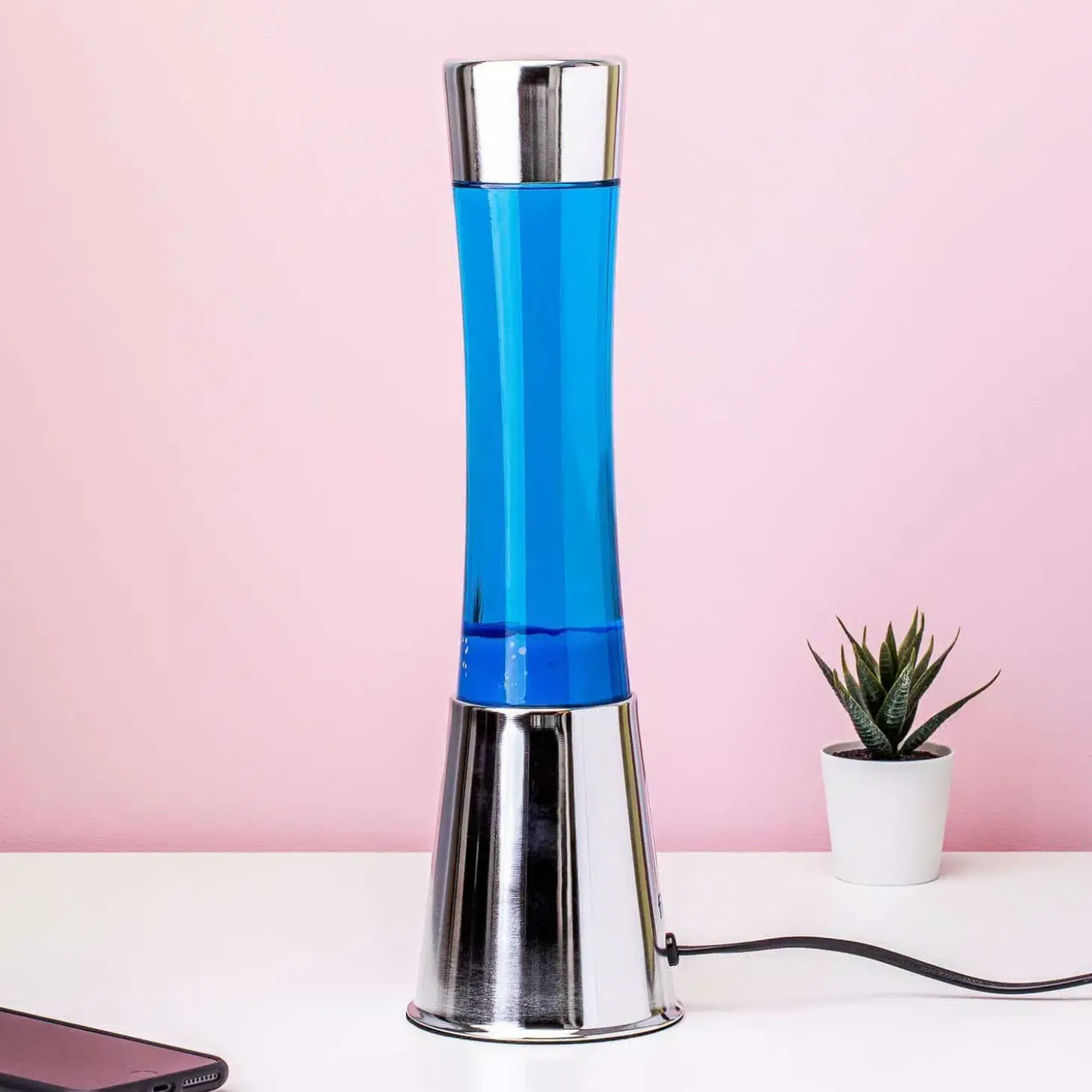 Lavalamp zilver met blauwe vloeistof en navy lava