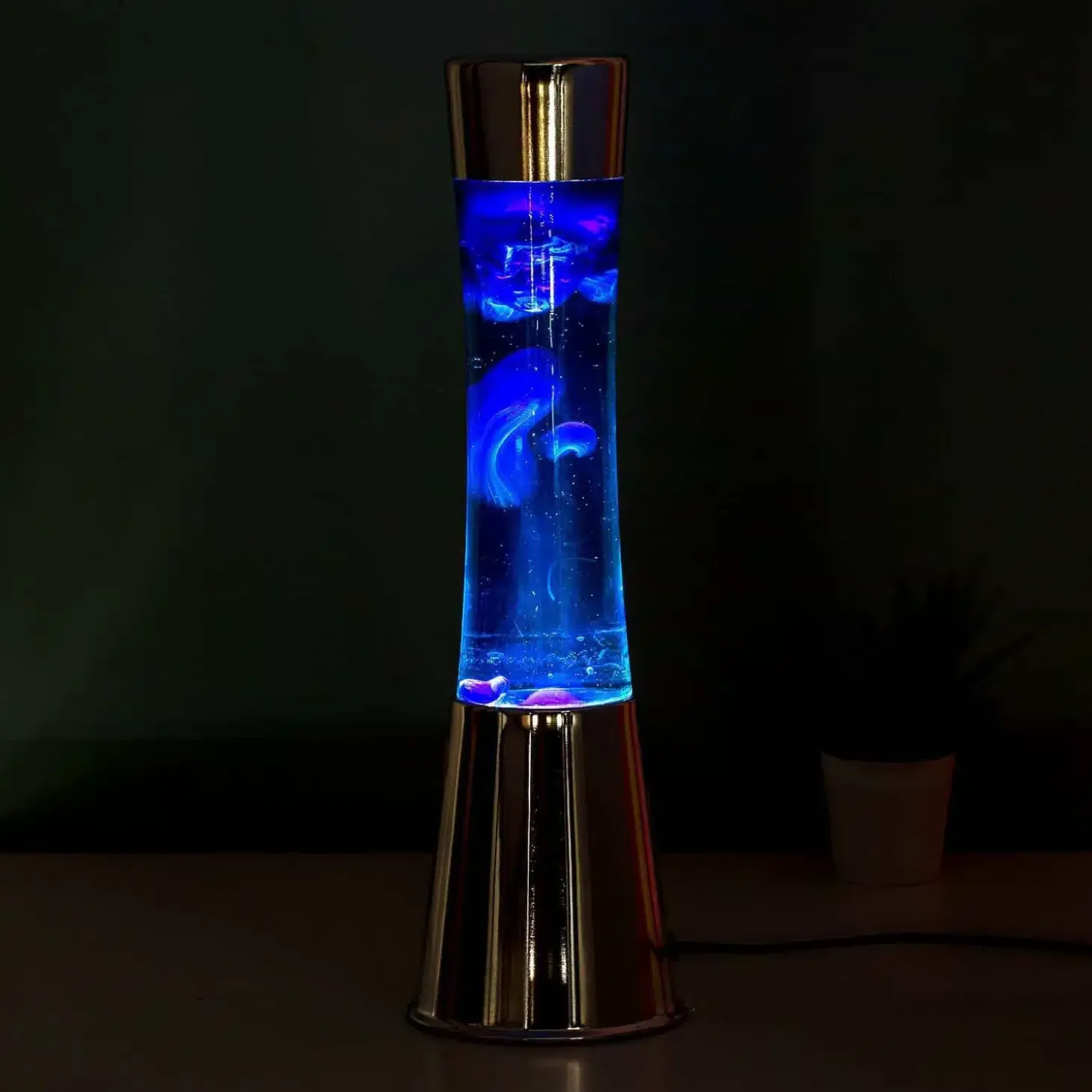 Lavalamp zilver met blauwe vloeistof en navy lava